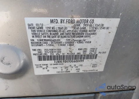 2013 Lincoln Mks из США, поврежденный, VIN 1LNHL9DK9DG600499